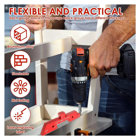 Person using a drill with Slick 14 Piece Setup Block Gauge Set For Router Table Saws for precise height measurement and alignment.