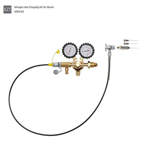 Nitrogen Regulator Kit With Gauge For Shock Absorbers, 0 To 3600 PSI Range, 0 To 600 PSI Delivery, 3 Ft Hose, CGA580 Tank Connector, No Air Loss Coupler 556, High Pressure Nitrogen Filling Tool For Auto And Truck Shocks displayed on white background