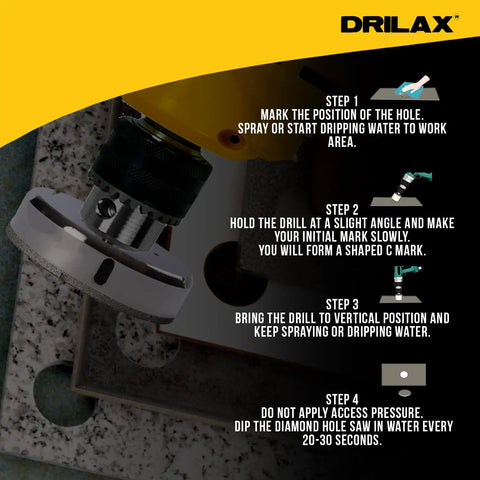 Drill with 5 Inch Diamond Hole Saw Drill Bit For Porcelain Tile Granite Glass And Ceramic showing cut process steps.