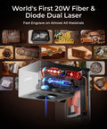 F1 Ultra 20W Fiber And Diode Dual Laser Engraver showcasing engraving samples on various materials, includes 16MP camera.