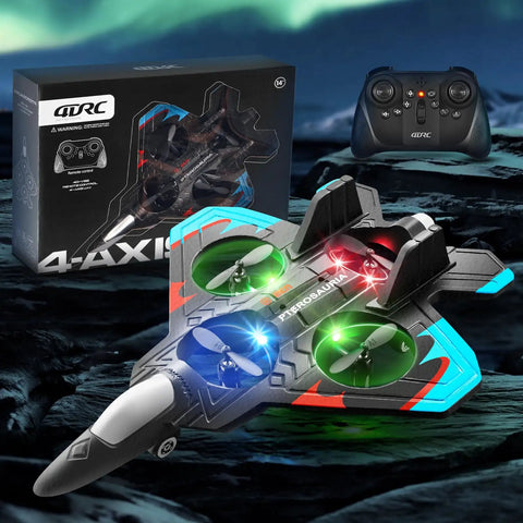 V32 Foam Remote Control Airplane With Light 360 Degree Flip Fighter Jet displayed with remote and packaging