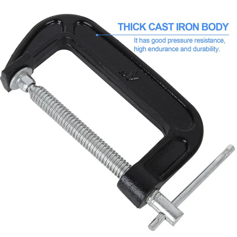 Single 4-inch black malleable iron C clamp from Six Pack 4 Inch C Clamps Set Black Malleable Iron C Clamps For Woodworking.