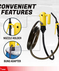 Heavy Duty Electric Fuel Transfer Pump For 15 To 55 Gallon Drums 3.3 Gpm Flow with nozzle holder and bung adapter features.