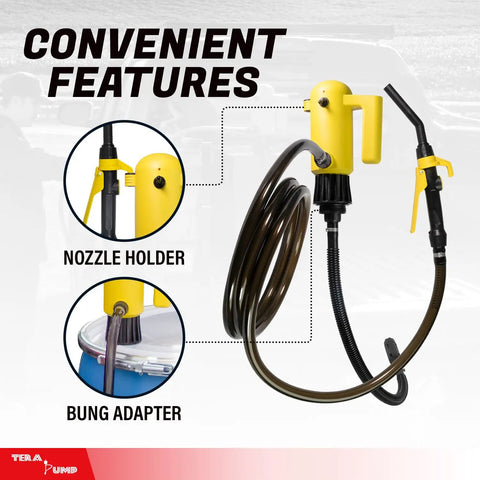 Heavy Duty Electric Fuel Transfer Pump For 15 To 55 Gallon Drums 3.3 Gpm Flow with nozzle holder and bung adapter features.