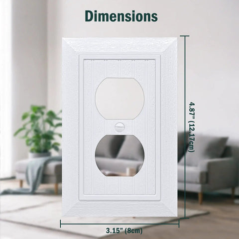 Image showing Vintage Wood Grain Beadboard Wall Plate 1 Gang Duplex Outlet Covers White, 3.15x4.87 inches in a living room setting.