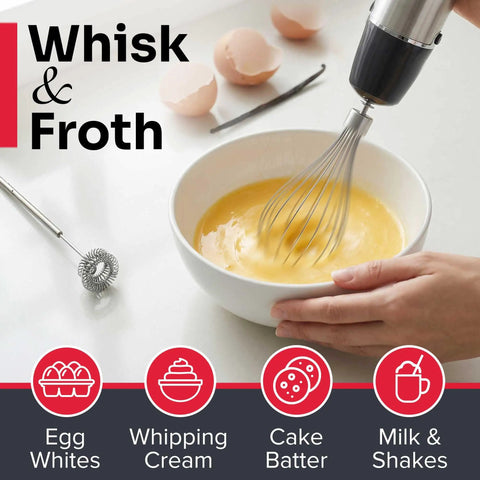 Boss 5 In 1 Immersion Hand Blender Set With 800W Copper Motor And Titanium Reinforced Blades whisking batter in bowl