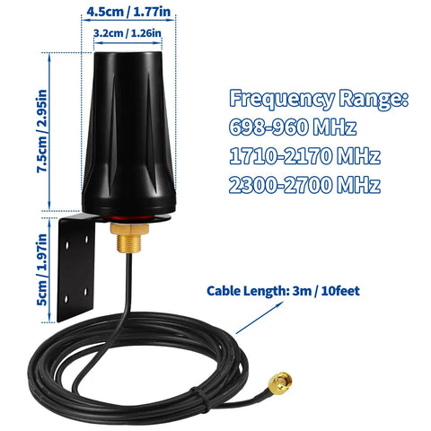 Outdoor 4G LTE Antenna With Wall Mount Waterproof SMA Male Connector Omnidirectional 5dBi Gain, black antenna with cable