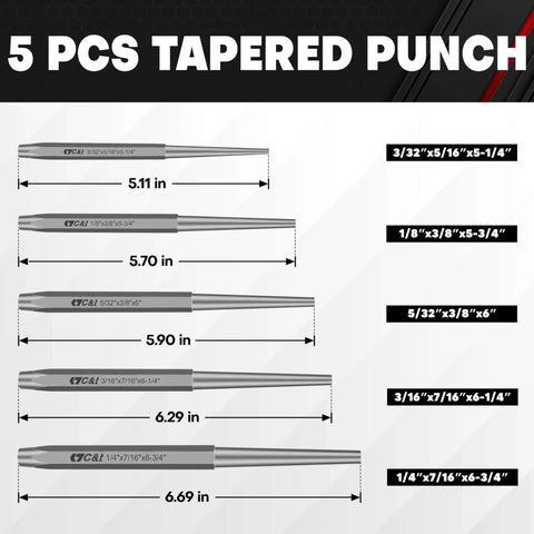 Five PCS tapered punch sizes from the Sixteen Piece Punch And Chisel Set With Storage Pouch Including Taper Punches Cold Chisels