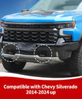 Tow Hook Cover For Chevy Silverado 1500 2007 To 2024 Front Bumper Rubber Black Accessory installed on blue truck.
