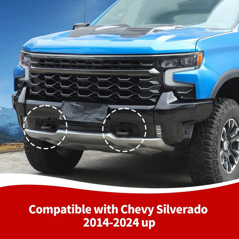 Tow Hook Cover For Chevy Silverado 1500 2007 To 2024 Front Bumper Rubber Black Accessory installed on blue truck.