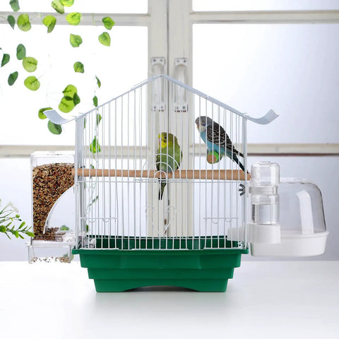 No Sweat Automatic Bird Feeder For Cage Parrot Food Dispenser With Crystal Clear Perch and Quick Load Hopper, green cage with birds.
