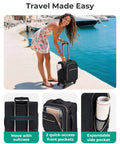 Underseat Carry On Luggage For Air Travel 16 Inch Softside Case with Spinner Wheels, black, shown by a woman near water.