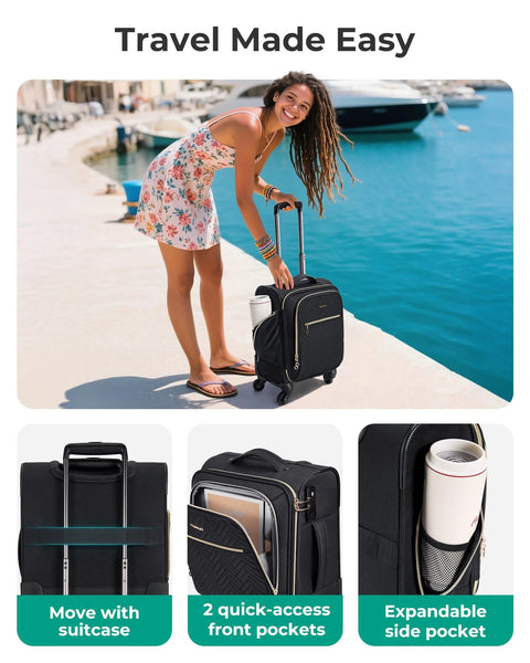 Underseat Carry On Luggage For Air Travel 16 Inch Softside Case with Spinner Wheels, black, shown by a woman near water.