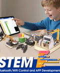 IoT STEM Kit For Kids And Teens, Smart Factory Starter Pack For Arduino ESP32, Learn Electronics And Programming With Real World Automation Projects, Compatible With Arduino Scratch, boy using tablet with robotic arms