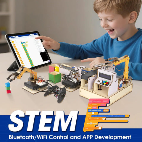 IoT STEM Kit For Kids And Teens, Smart Factory Starter Pack For Arduino ESP32, Learn Electronics And Programming With Real World Automation Projects, Compatible With Arduino Scratch, boy using tablet with robotic arms