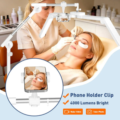 Lash Light Half Moon Magnifying Desk Lamp With 10X Optical Glass used during beauty treatment, phone clip, bright lighting.