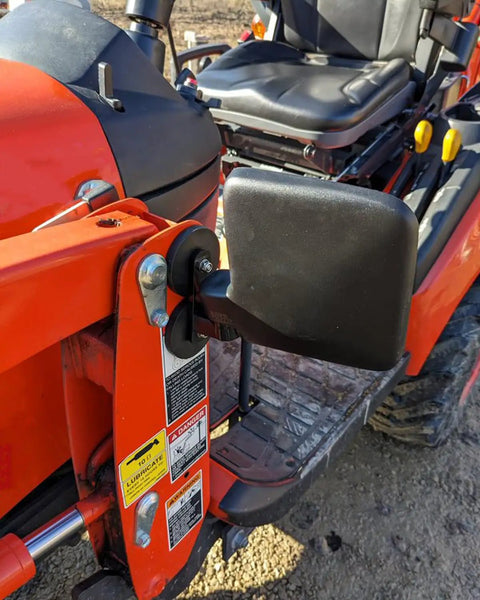 Heavy Duty Magnetic Tractor Side Mirrors With 114 Lbs Each attached to a tractor, easy install, rubber coated surface
