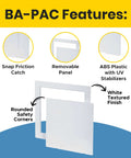 Slick 14X14 Flush Mount Abs Access Panel With Uv Stabilized Drywall Cover and Rock Solid Snap Friction Latch features snap catch and removable panel.