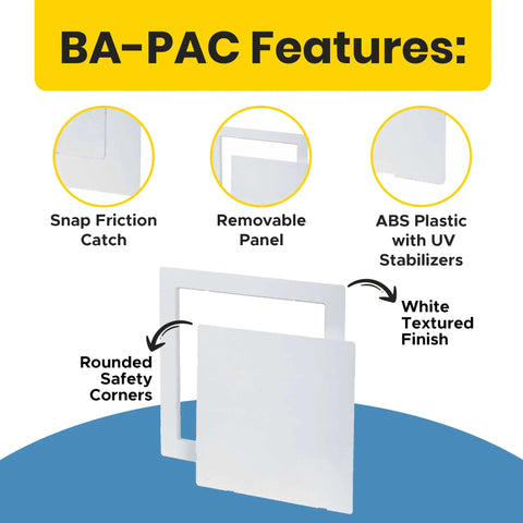 Slick 14X14 Flush Mount Abs Access Panel With Uv Stabilized Drywall Cover and Rock Solid Snap Friction Latch features snap catch and removable panel.