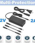 Versatile 42V 2A Scooter Charger With Four Tips For Your Rides 5.5X2.1Mm 5.5X2.5Mm 8Mm 3 Prong And RCA Universal Battery Charger For 36V And 42V Scooters Compatible With Hiboy Gotrax Swagtron And More shown with cables and protections.
