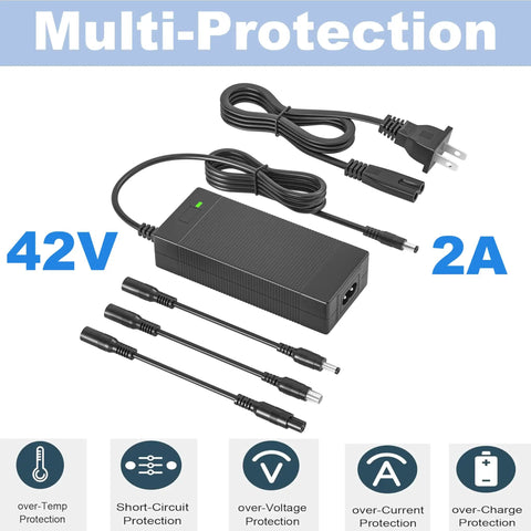 Versatile 42V 2A Scooter Charger With Four Tips For Your Rides 5.5X2.1Mm 5.5X2.5Mm 8Mm 3 Prong And RCA Universal Battery Charger For 36V And 42V Scooters Compatible With Hiboy Gotrax Swagtron And More shown with cables and protections.