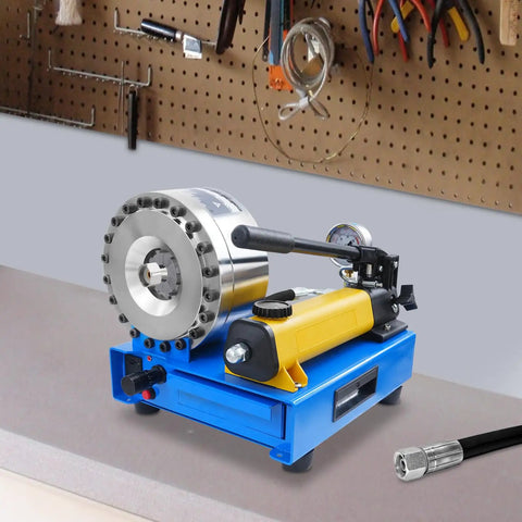 Beast Of A Handheld Hydraulic Hose Crimper With 8 Interchangeable Dies displayed on a workbench in a garage setting