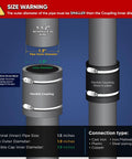 Image showing dimensions and connection types for Heavy Duty 1-1/2 Inch Flexible Pipe Coupling for Drain Waste Vent Systems.