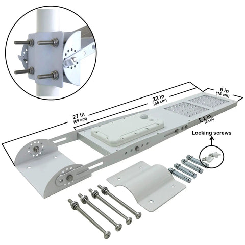 Mounting bracket and hardware for Solar Street Light With Motion Sensor Three Mode Outdoor Lighting shown in image.