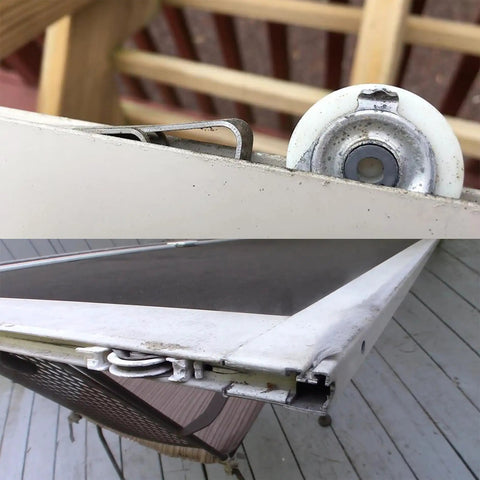 Close-up of Heavy Duty Gliding Screen Door Roller Assembly with nylon wheels and metal track used for replacement on patio sliders.