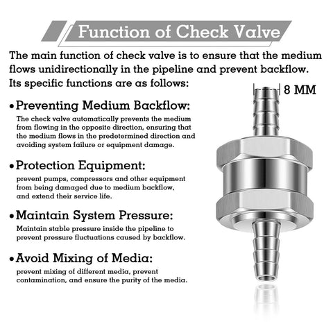 Infographic on check valve function and benefits for 12 Inch Marine Fuel Tank Pickup Tube With 0.31 Inch Check Valve And Strainer.