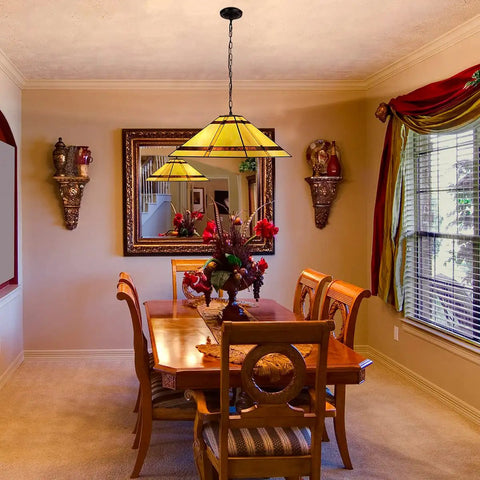 Cream Cross Tiffany Pendant Light With Vintage Vibe Glass, 16 Inch Stained Glass Hanging Lamp in dining room setting