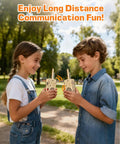 DIY Walkie Talkie Kit For Kids Age 8-14, two children holding wooden DIY walkie talkies in a park