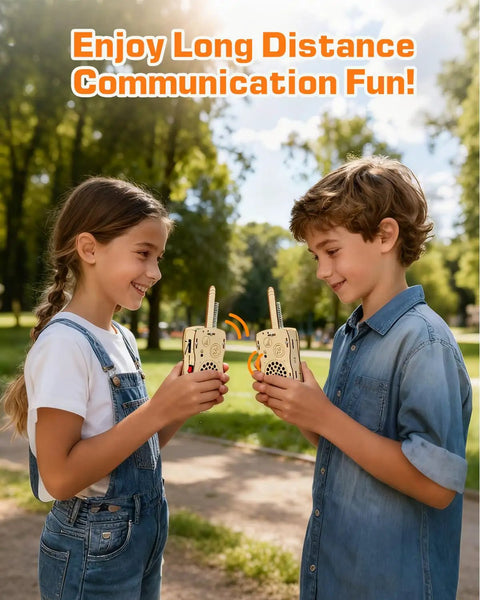 DIY Walkie Talkie Kit For Kids Age 8-14, two children holding wooden DIY walkie talkies in a park