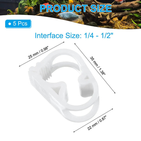Close-up of Five Pack Plastic Tubing Clamps 1 Quarter To 1 Half Inch Adjustable Hose Clamp Set with size dimensions.