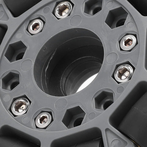 Omni wheel replacement hub, grey plastic mounting plate with hex screws (close-up view)