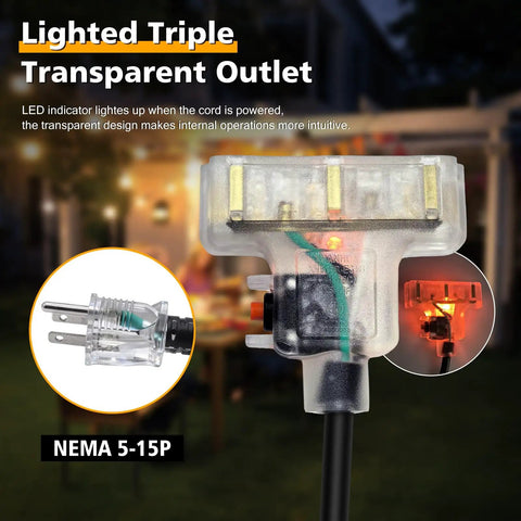 Heavy Duty Outdoor Tri Tap Extension Cord 1.5 Foot 12 Gauge 3 Conductor With Circuit Breaker Indicator Light Transparent NEMA 5-15P