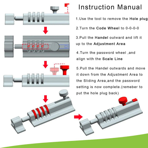 Instruction manual for Kickproof Four Digit Combination Lock For Backyard Gates And Shed Doors Heavy Duty Zinc Alloy Security Slide Latch.