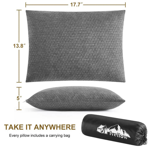 Travel Camping Pillow With Shredded Memory Foam, Ultra Compact And Compressible, Medium Firm Support shown with dimensions and carry bag