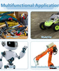 Image showing applications for 2 Pack 370 DC Motor Mounting Bracket With Worm Gear Fixed Holder And Screws including DIY projects, model cars, robots, and small mechanical constructions.