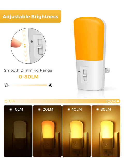 Amber Night Light With Dusk To Dawn Sensor Dimmable Plug In LED Night Light, dimming range 0-80 lumens display