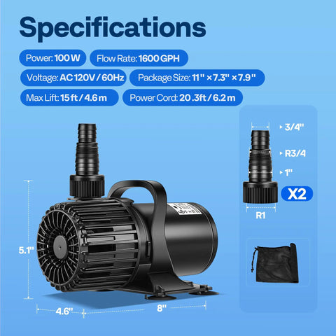 Specifications of Powerful Submersible Water Pump 100W 1600 GPH for Koi Ponds, including dimensions and technical details.