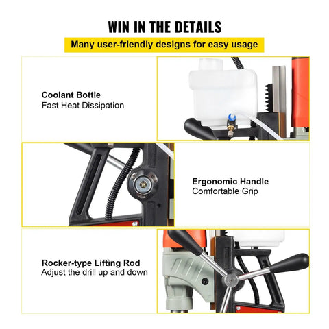 Beefy 1200W Magnetic Drill Press With 40mm Capacity and 13000N Hold shows ergonomic handle, rocker-type lifting rod, and coolant bottle.