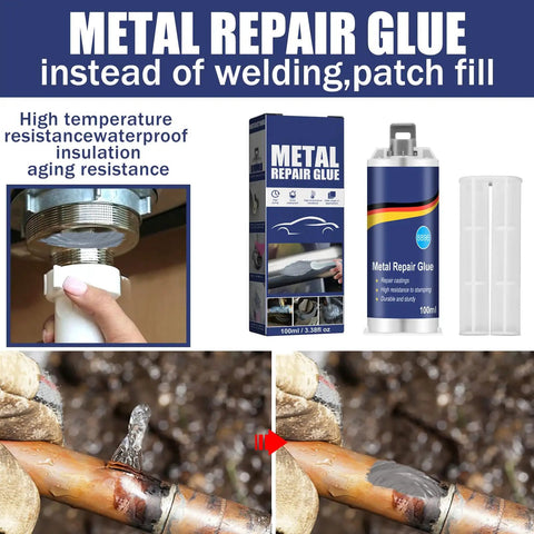 Metal Repair Glue For Casting And Welding Filler, High Temp Resistant Liquid Metal Adhesive That Fixes Defects, Tough As Nails Repair Solution Softenable In Hot Water, 100g XY0096-F with packaging and repaired pipe example.
