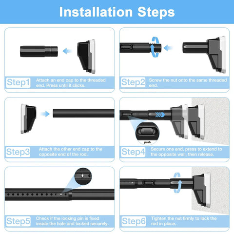 Installation steps for Heavy Duty No Drill Tension Curtain Rod Black Adjustable 41 To 185 Inch Extra Long Rod for renters.