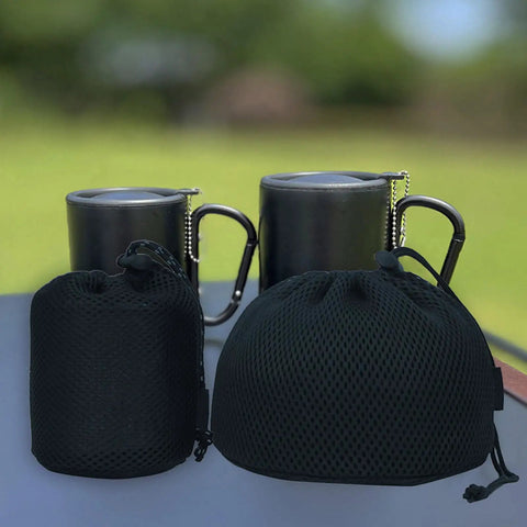 Nylon Mesh Camping Gear Storage Bag For Pots And Tableware with mugs and carabiners outdoors