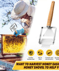 Beekeeper using 2-In-1 Beekeeping Uncapping Fork And Scraper Tool Stainless Steel With Wooden Handle Adjustable Tine Spacing.