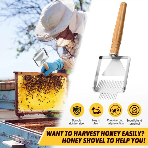 Beekeeper using 2-In-1 Beekeeping Uncapping Fork And Scraper Tool Stainless Steel With Wooden Handle Adjustable Tine Spacing.