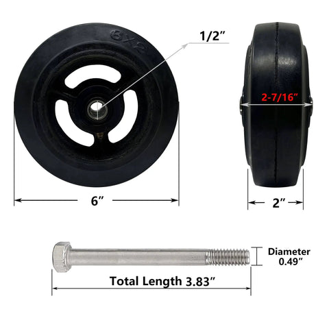 Heavy Duty 6 Inch Rubber On Cast Iron Caster Wheels With 600 Lbs Per Wheel For Carts Furniture And Workbenches Rock Solid Industrial Replacement Casters Deliver Smooth Rolling And Superior Shock Absorption, side and component view including bolt measurements.