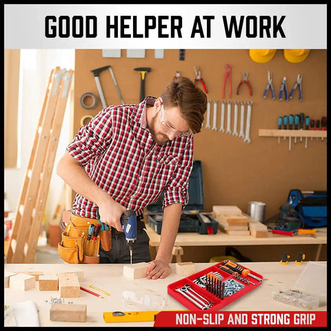 Man using a drill on a workbench with Non Slip Silicone Tool Tray Set Two Piece Flexible Tool Organizer Mats near him