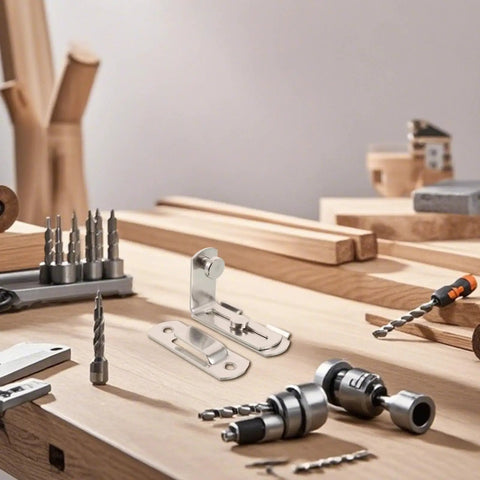 Stainless Steel Barn Door Latch Flip Lock With Rust Resistance for gates and cabinets on woodworking table with tools